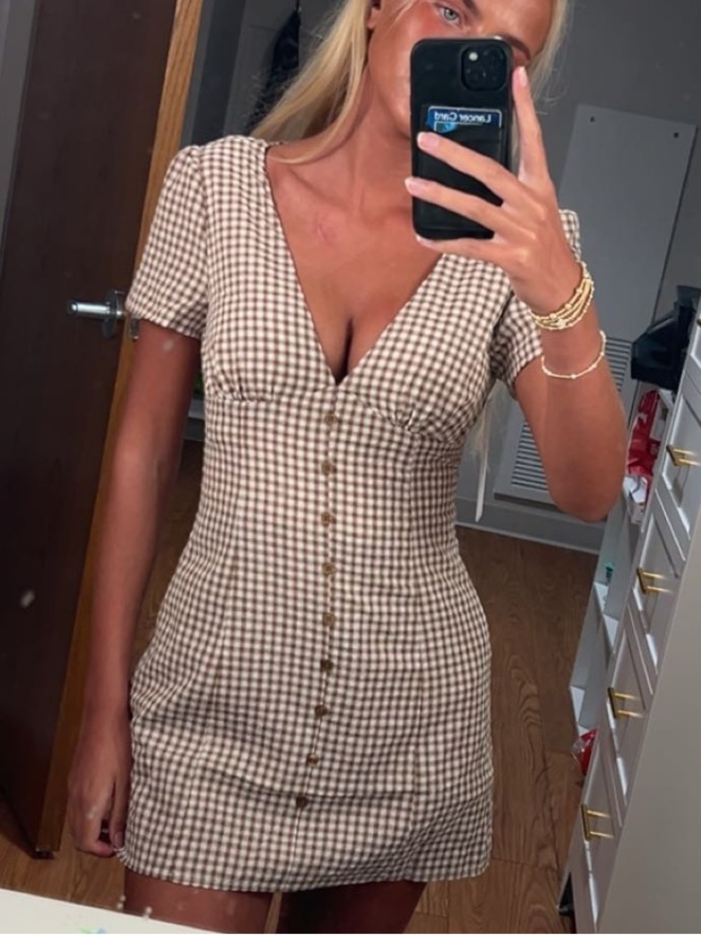 Beige Gingham Button-Front Mini Dress